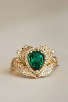 1 carat lab emerald engagement ring, gold nature inspired ring with diamond halo / Adonis halo