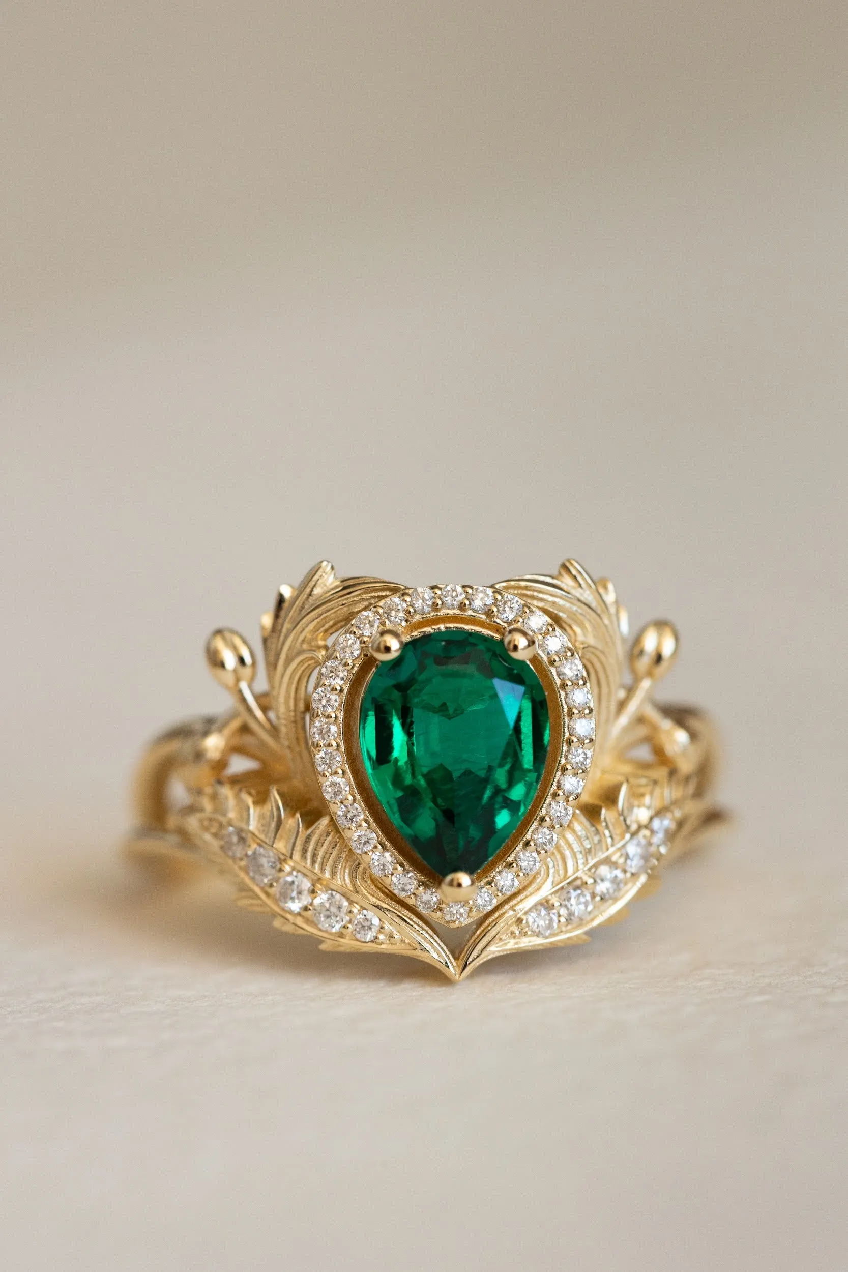 1 carat lab emerald engagement ring, gold nature inspired ring with diamond halo / Adonis halo