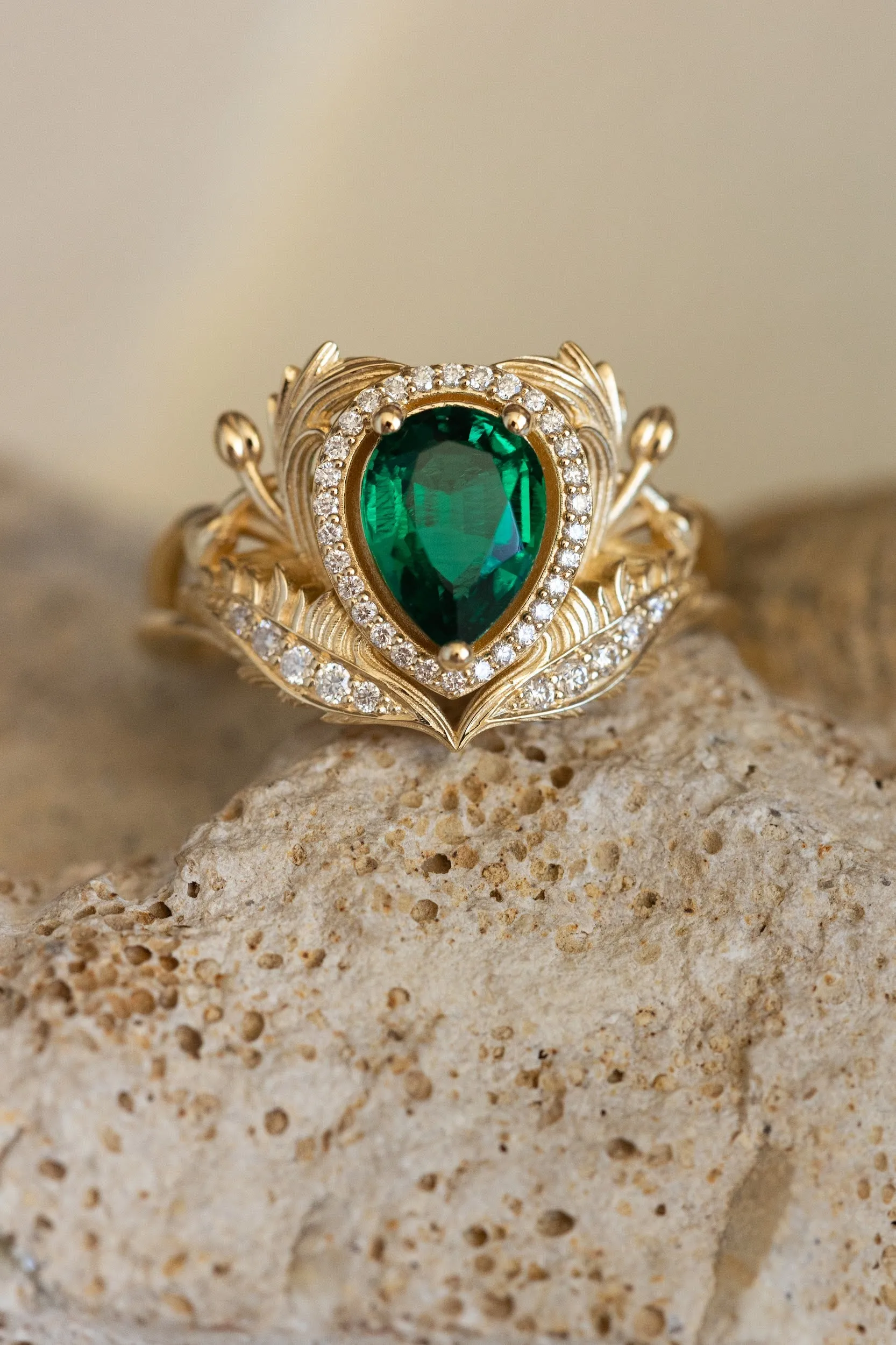 1 carat lab emerald engagement ring, gold nature inspired ring with diamond halo / Adonis halo