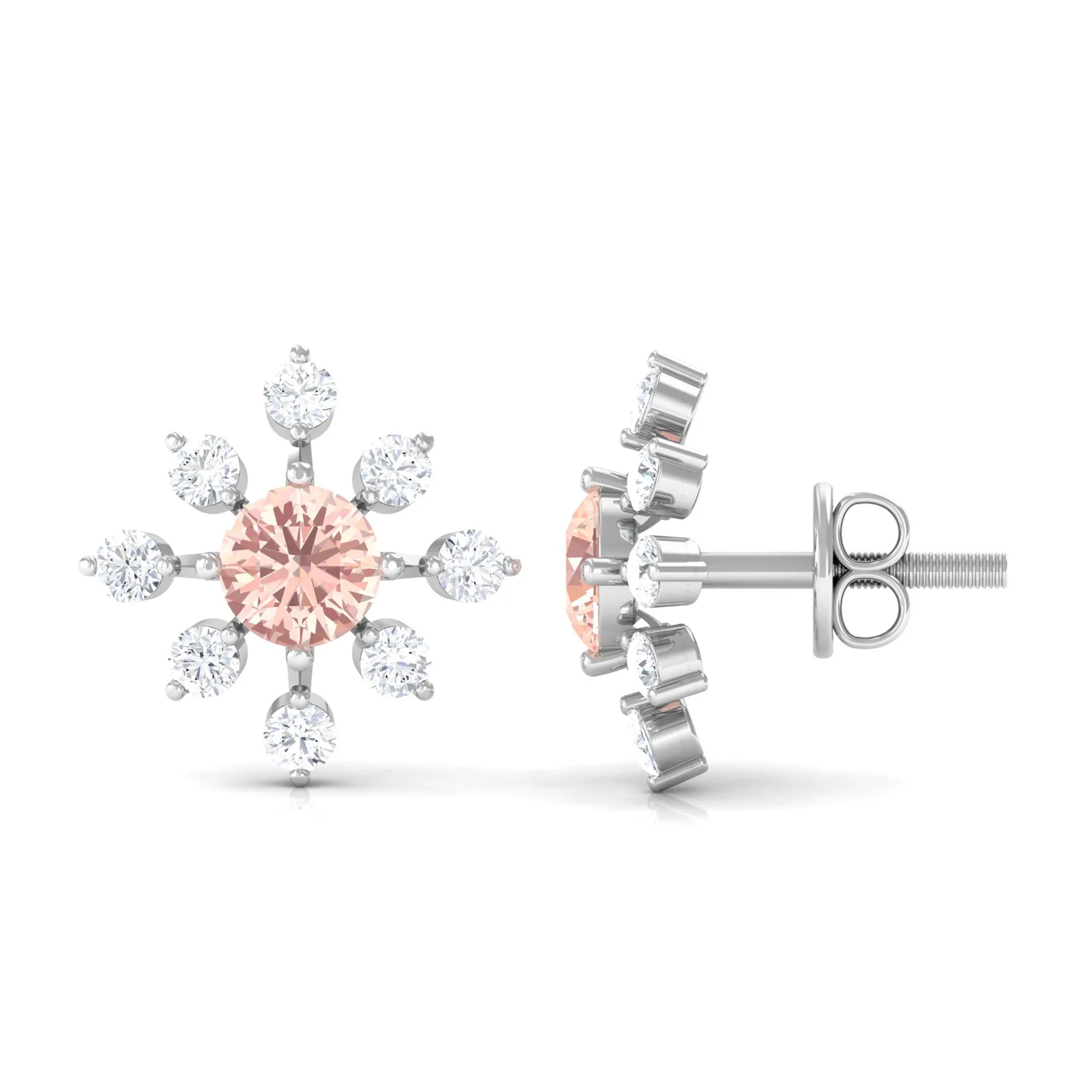 1 CT Morganite Flower Stud Earrings with Diamond