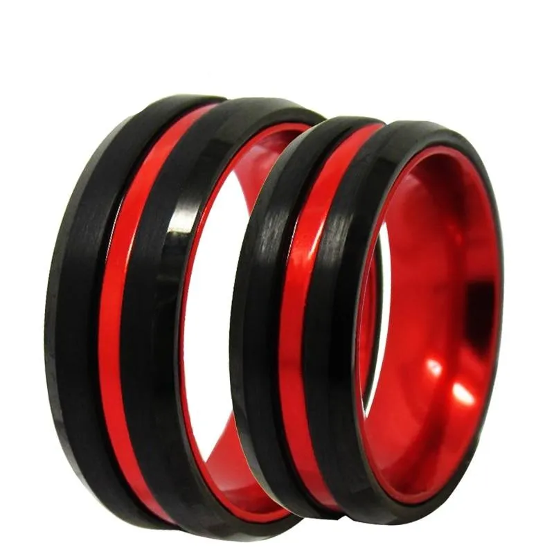 Black and Red Tungsten Wedding Ring Set