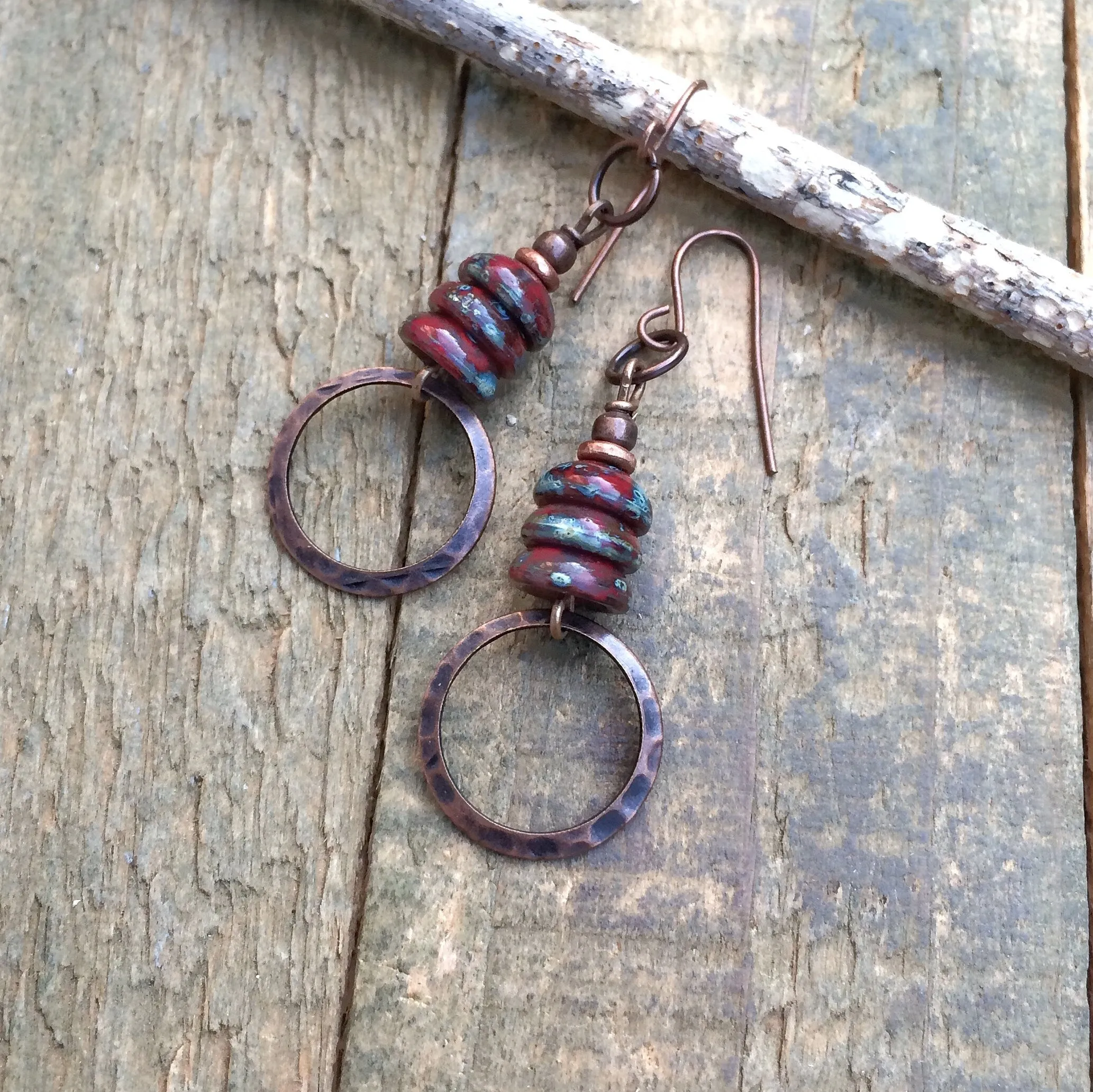 Bohemian Red Earrings, Earthy Copper Earrings, Copper Jewelry, Rustic Red Jewelry, Copper Dangle Earrings, Picasso Red Czech Glass Earrings