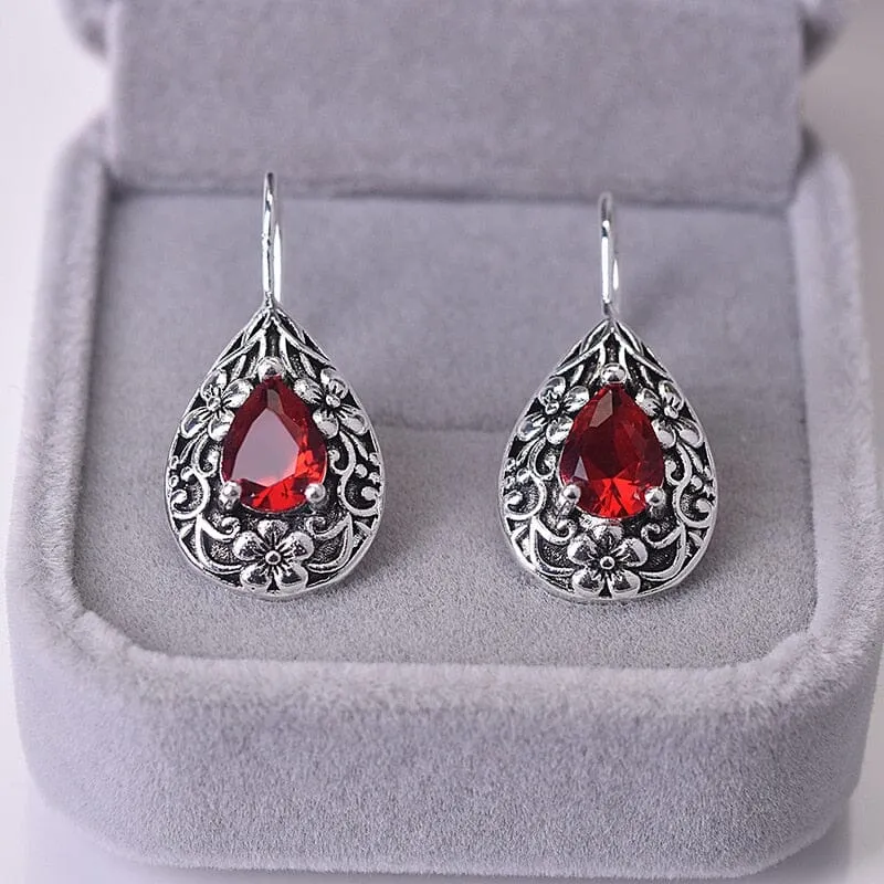 Boho Style Ruby Water Drop Pear Earrings