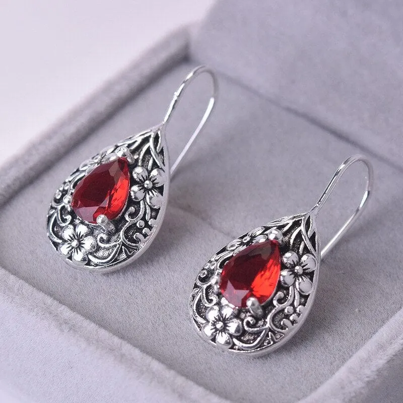Boho Style Ruby Water Drop Pear Earrings