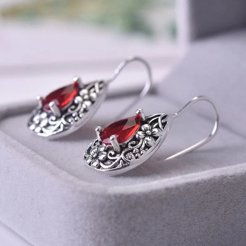 Boho Style Ruby Water Drop Pear Earrings