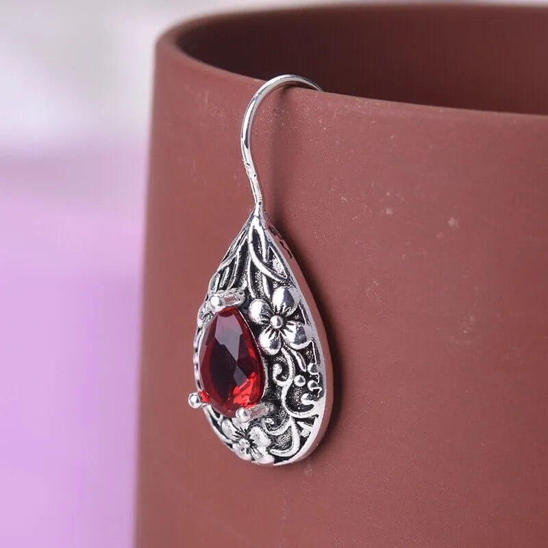 Boho Style Ruby Water Drop Pear Earrings