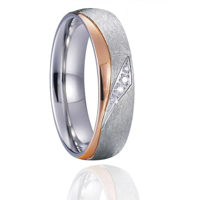 Brushed Silver and Polished Rose Gold Cubic Zirconia Stainless Steel Wedding Ring Set