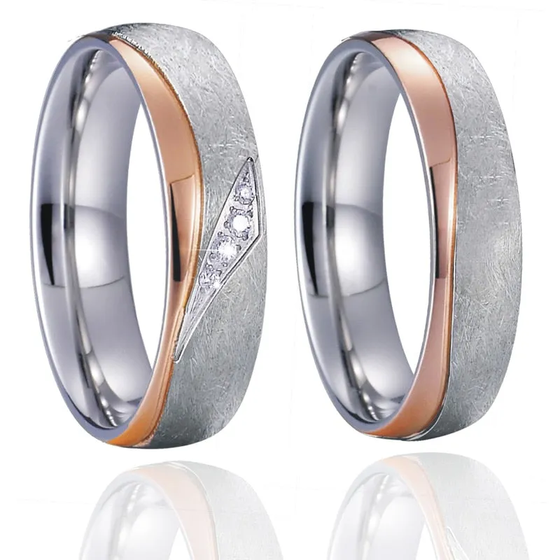 Brushed Silver and Polished Rose Gold Cubic Zirconia Stainless Steel Wedding Ring Set