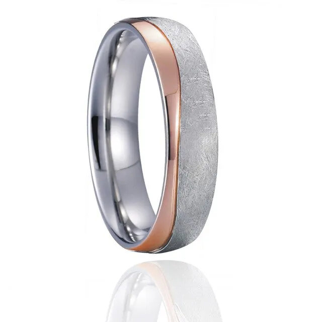 Brushed Silver and Polished Rose Gold Cubic Zirconia Stainless Steel Wedding Ring Set