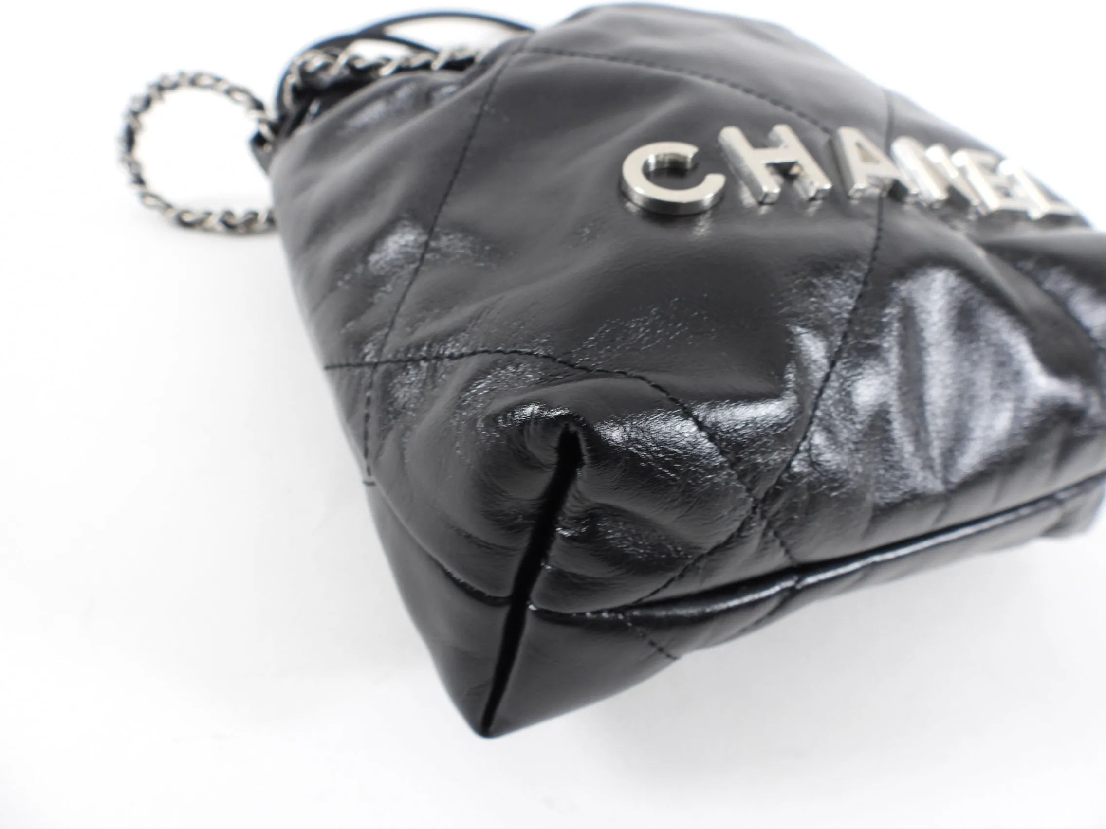 Chanel 22 Black Glossed Leather Logo Mini Chain Bag