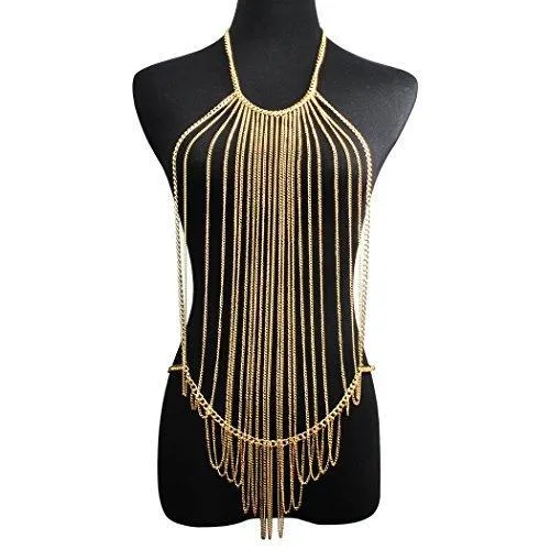 Fashion Gold Tone Bohemian Layered Sexy Bralette Body Chain Statement Beach Jewelry