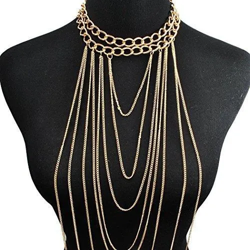Fashion Gold Tone Bohemian Layered Sexy Bralette Body Chain Statement Beach Jewelry