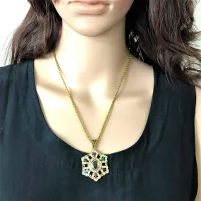 Gold Vintage Multi Colored Stone Pendant Necklace