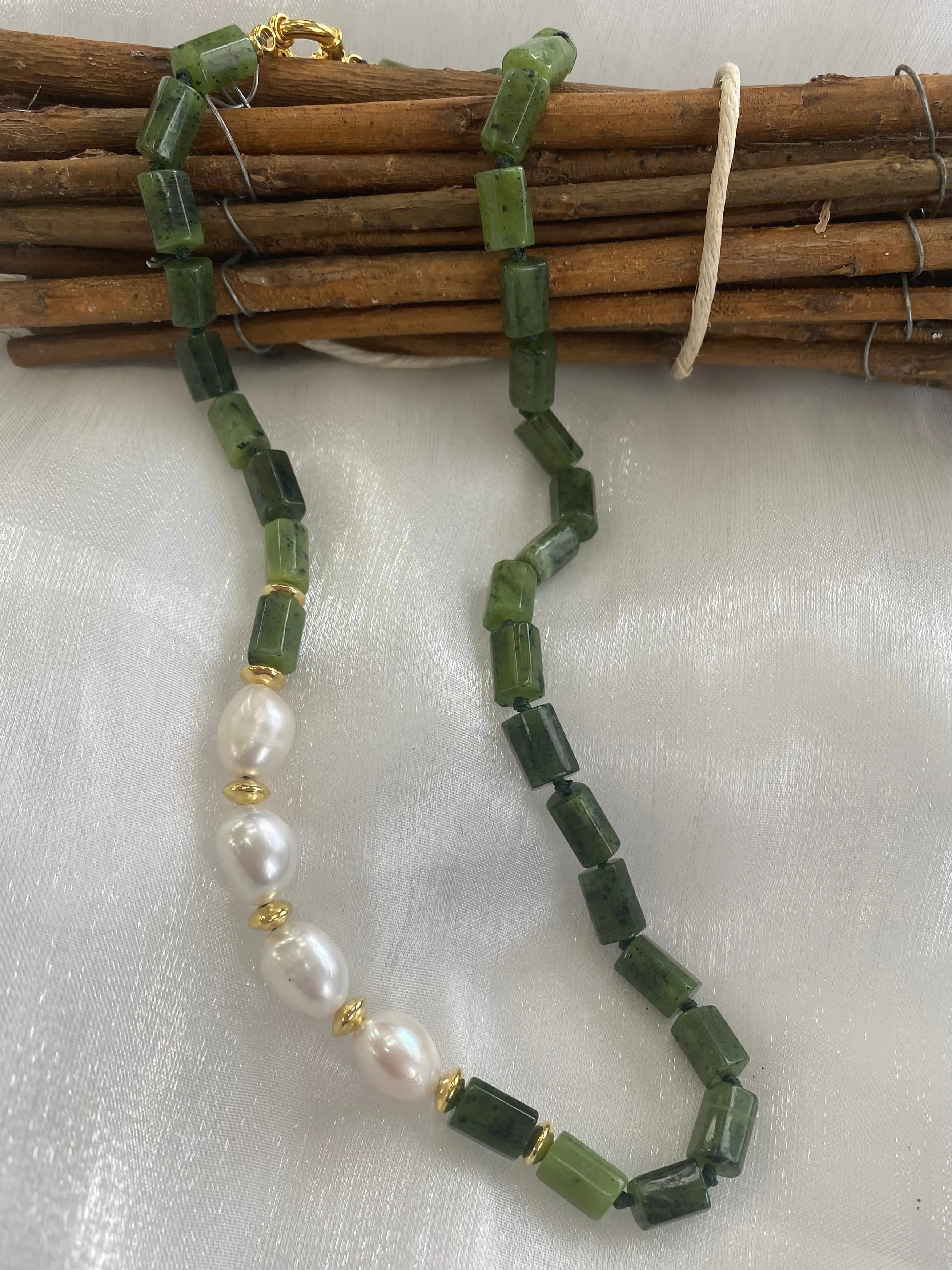 Green Canadian Jade Tube Beads Necklace w Gold Vermeil Plated Silver & Fresh Water Pearls, 18.5In