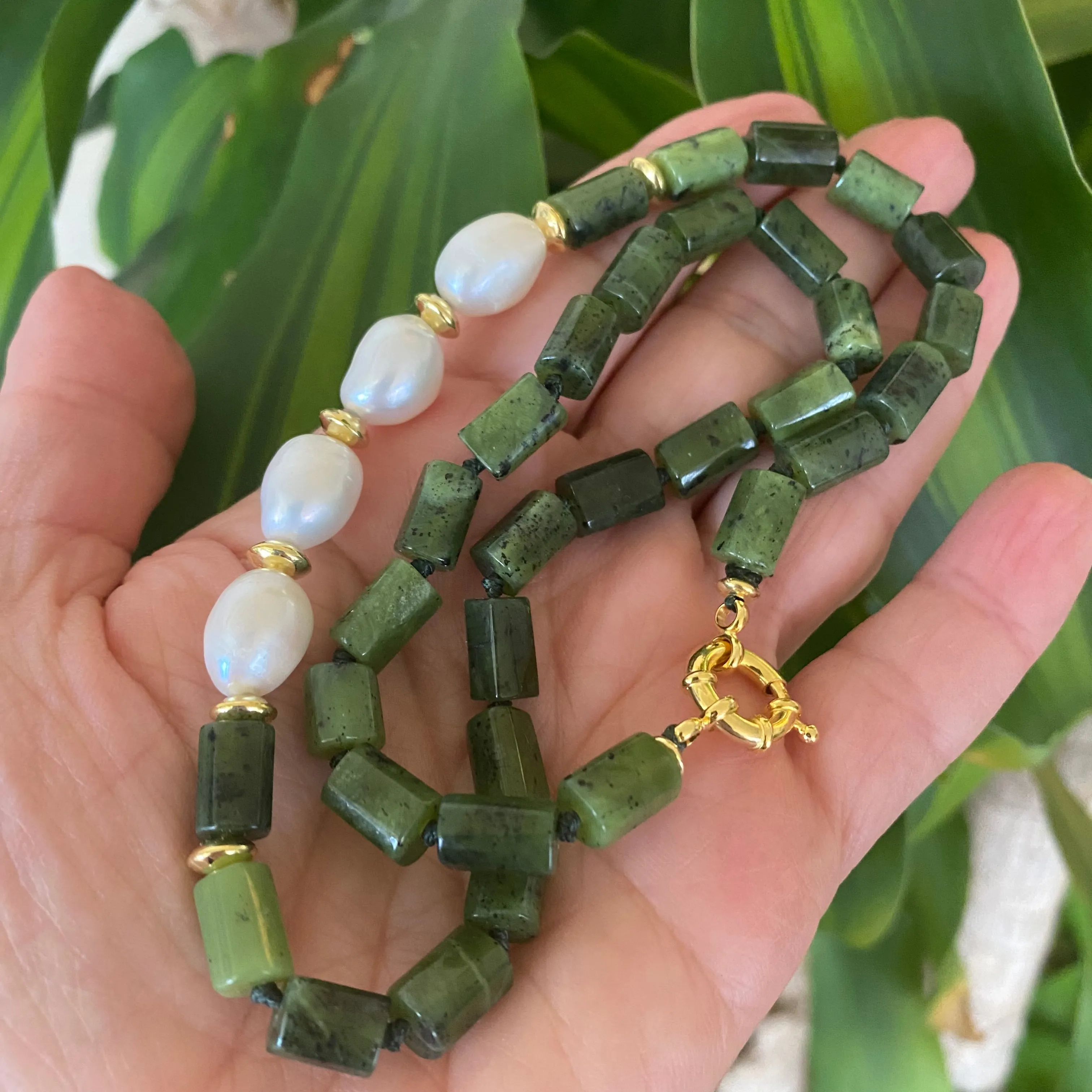 Green Canadian Jade Tube Beads Necklace w Gold Vermeil Plated Silver & Fresh Water Pearls, 18.5In