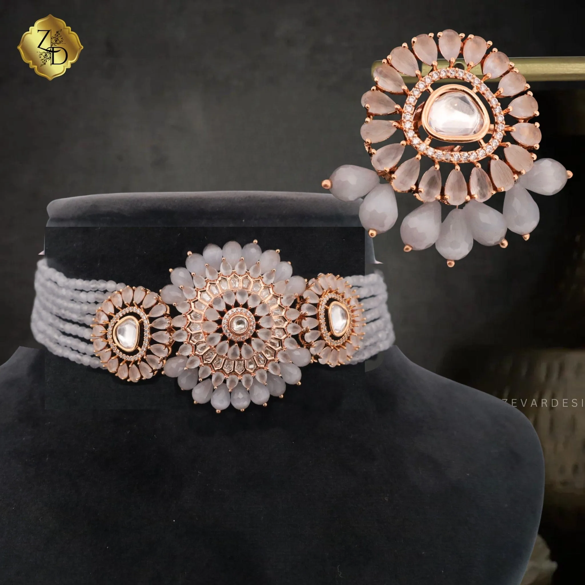 Lightweight Polki Choker Set - Grey