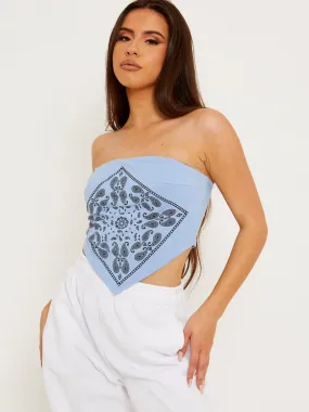 Lina Bandana Scarf Print Crop Top In Blue