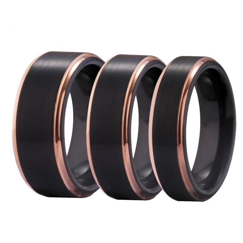 Matte Black with Rose Golden Step Tungsten Wedding Rings