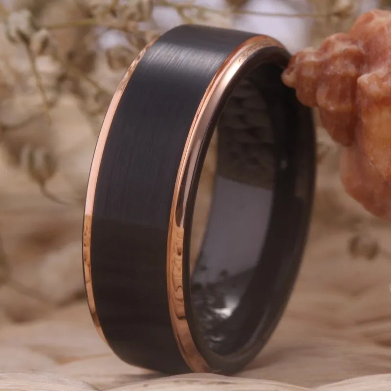 Matte Black with Rose Golden Step Tungsten Wedding Rings