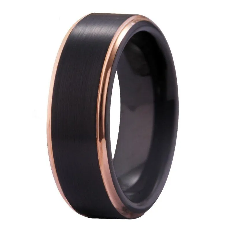 Matte Black with Rose Golden Step Tungsten Wedding Rings