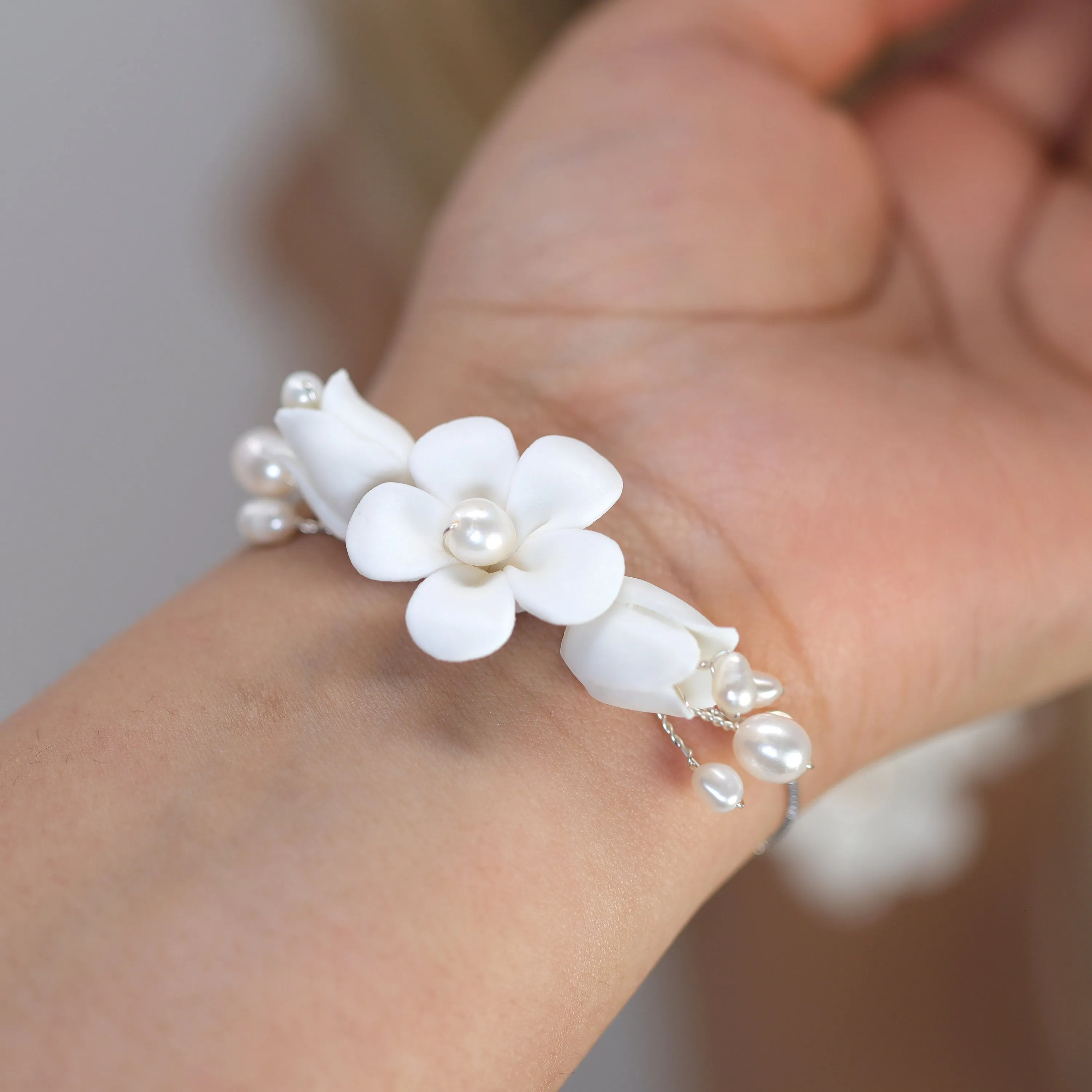 Natural Pearl Ray Of Shine Porcelain Comb, Ceramic White Flower Long Bridal Earrings Statement Earrings Cz