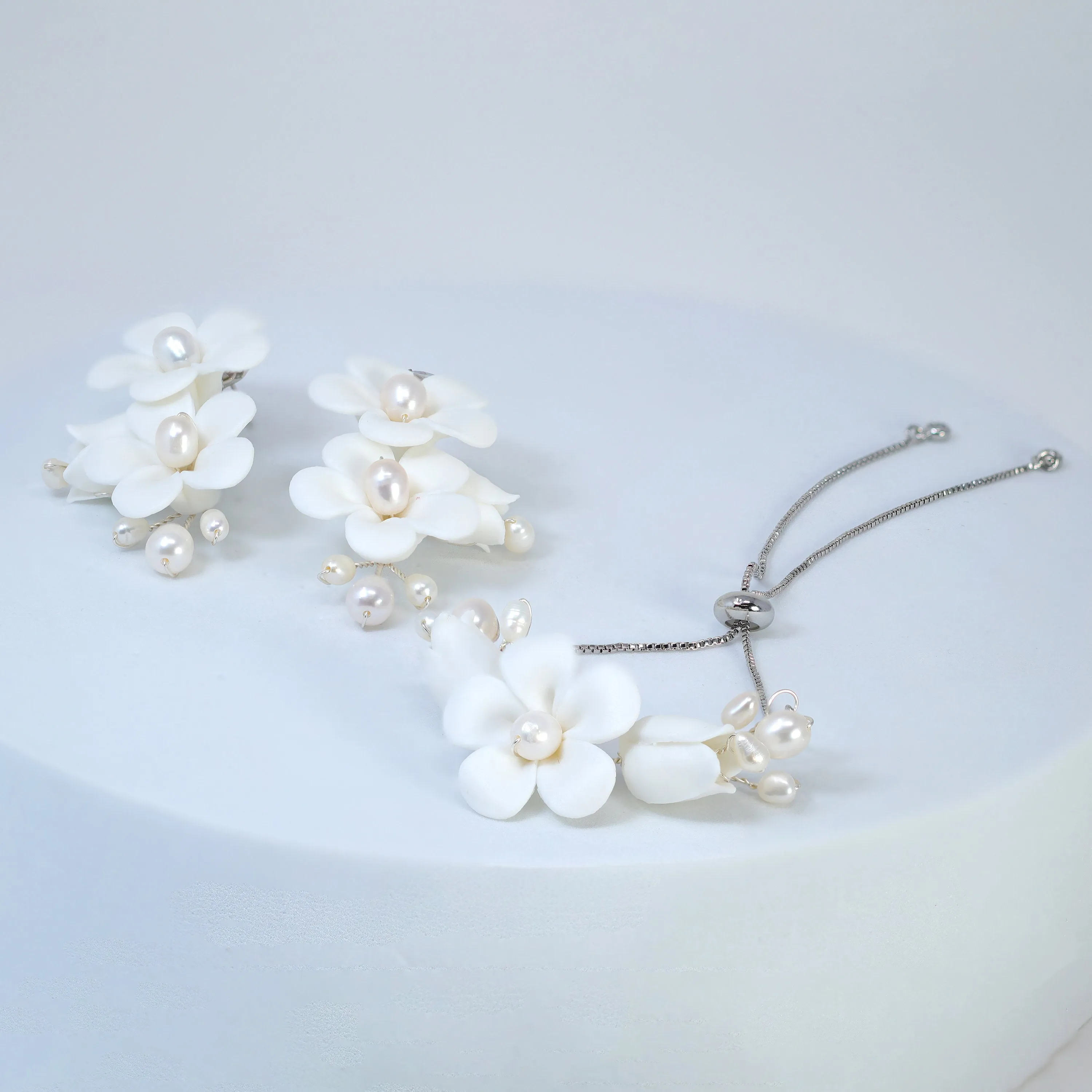 Natural Pearl Ray Of Shine Porcelain Comb, Ceramic White Flower Long Bridal Earrings Statement Earrings Cz