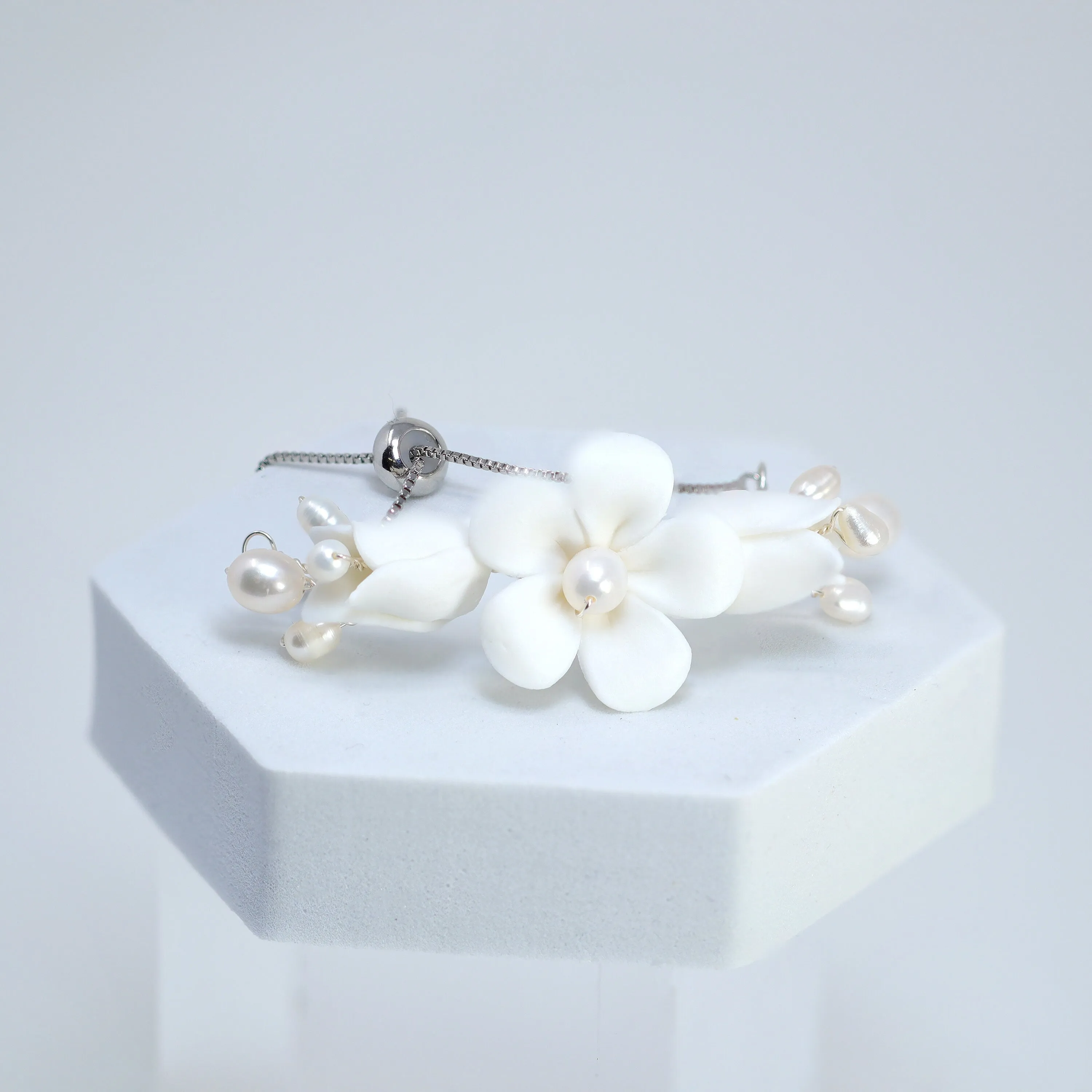 Natural Pearl Ray Of Shine Porcelain Comb, Ceramic White Flower Long Bridal Earrings Statement Earrings Cz