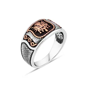 Ottoman State Coat of Arms on Wedding Band Silver Men's Ring with Pointed Texture