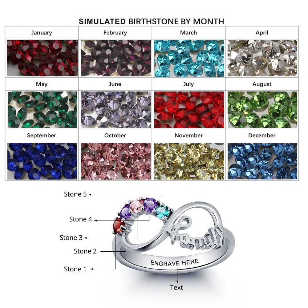 Personalized Engrave Birthstone Infinity Family Jewelry Cubic Zirconia 925 Sterling Silver Ring Gift For Mom