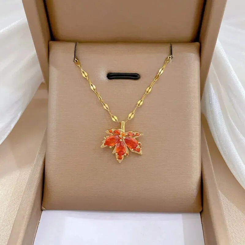 Red Maple Leaf Crystal Pendant Necklace