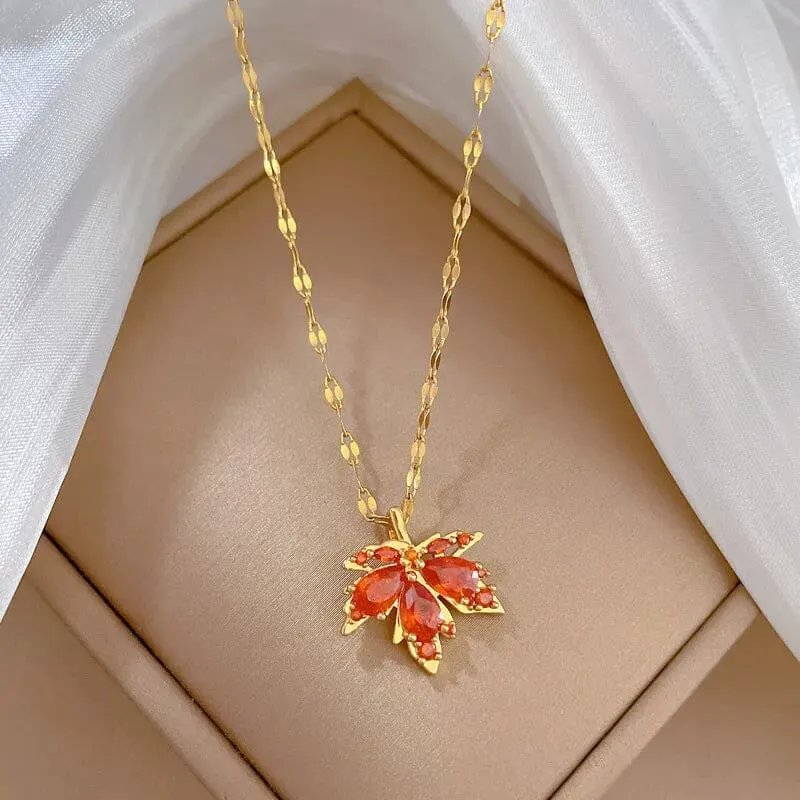 Red Maple Leaf Crystal Pendant Necklace