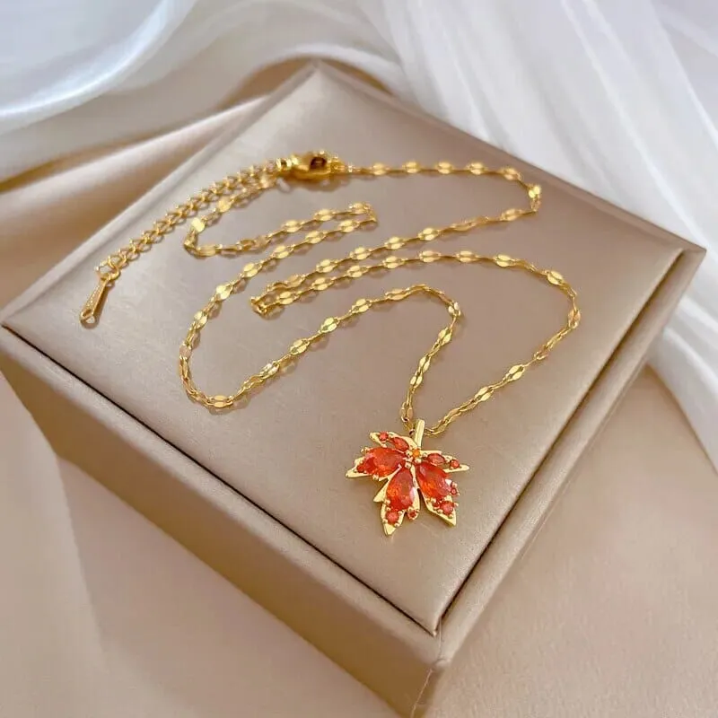Red Maple Leaf Crystal Pendant Necklace