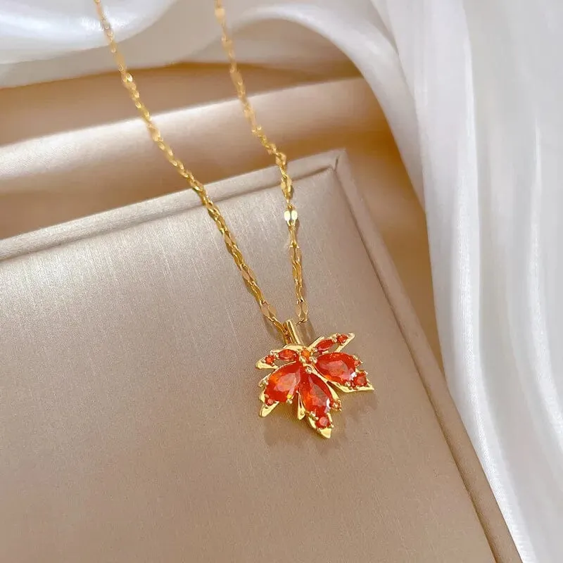 Red Maple Leaf Crystal Pendant Necklace