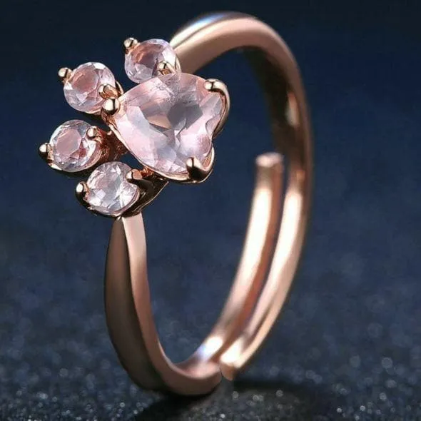 Rose Rose Quartz 925 Sterling Silver Adjustable Cat Paw Ring