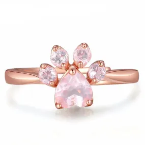 Rose Rose Quartz 925 Sterling Silver Adjustable Cat Paw Ring