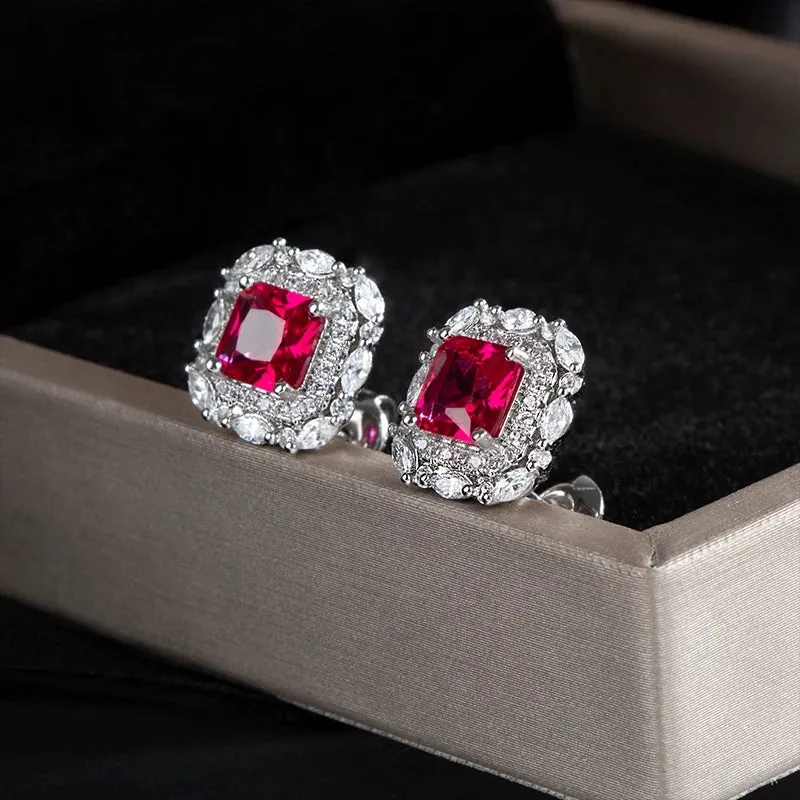 Square Shape Classic Ruby Gemstones 925 Sterling Silver Drop Earrings
