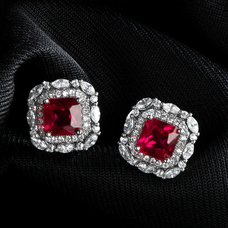 Square Shape Classic Ruby Gemstones 925 Sterling Silver Drop Earrings