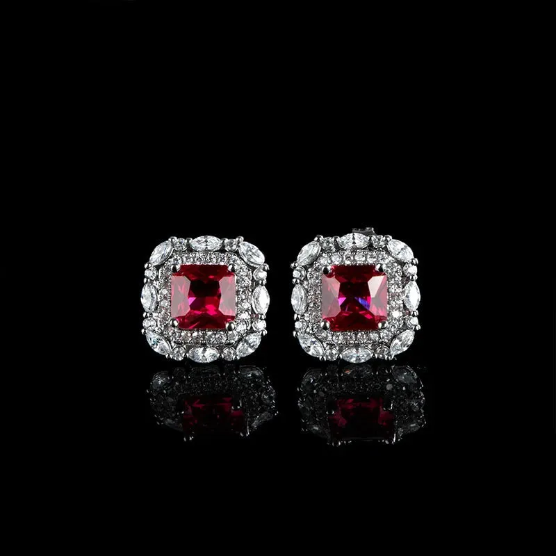 Square Shape Classic Ruby Gemstones 925 Sterling Silver Drop Earrings