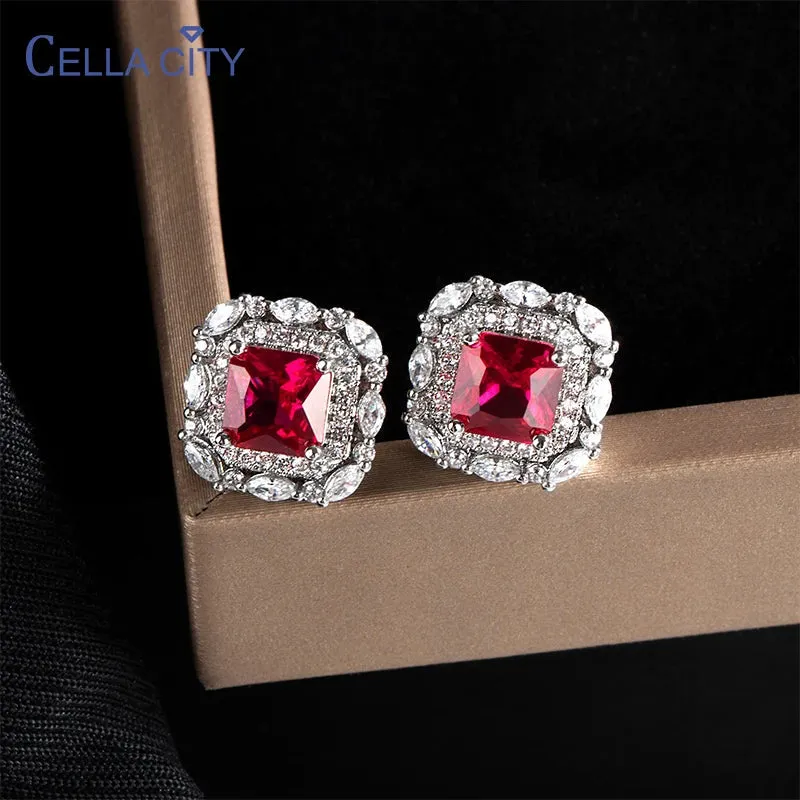 Square Shape Classic Ruby Gemstones 925 Sterling Silver Drop Earrings