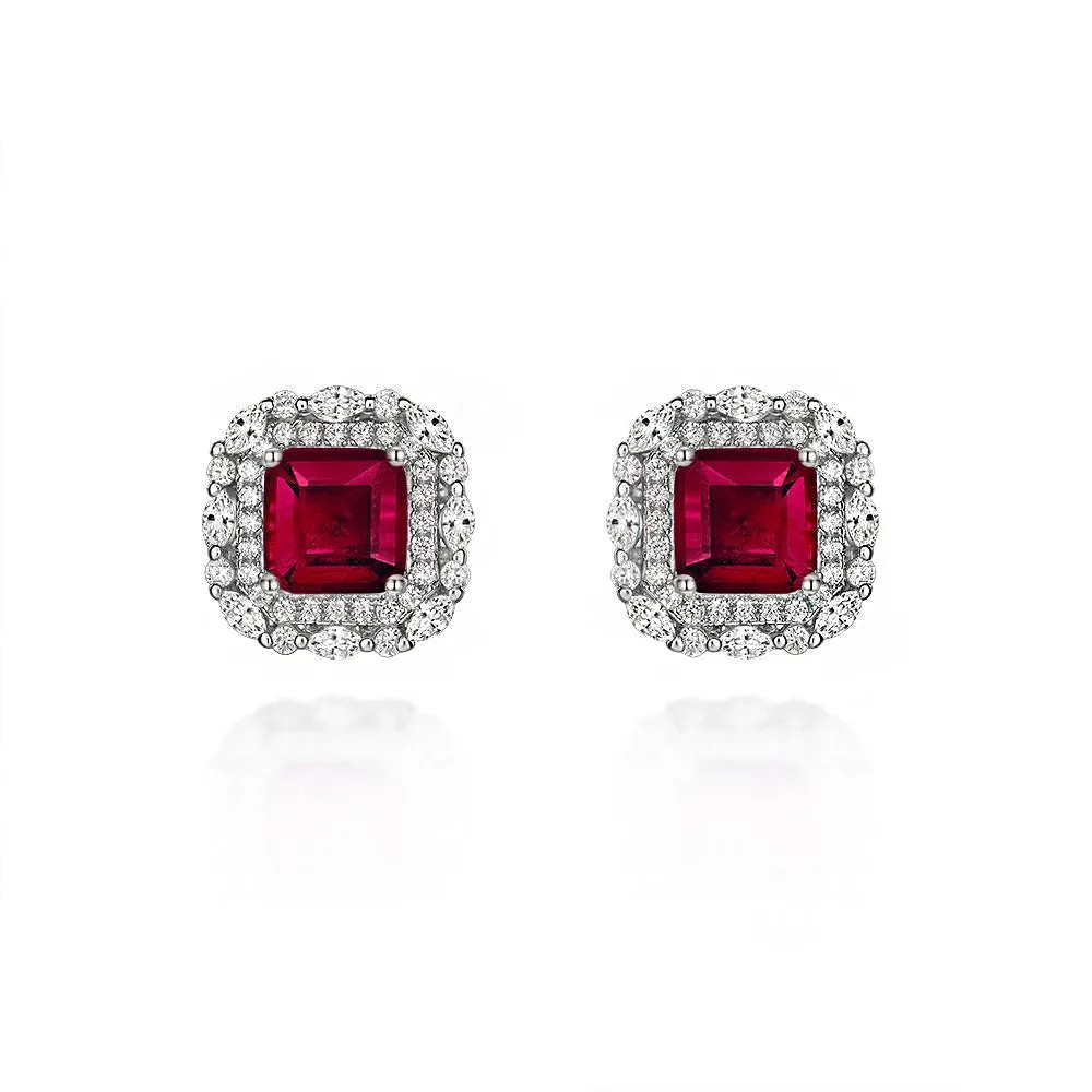 Square Shape Classic Ruby Gemstones 925 Sterling Silver Drop Earrings
