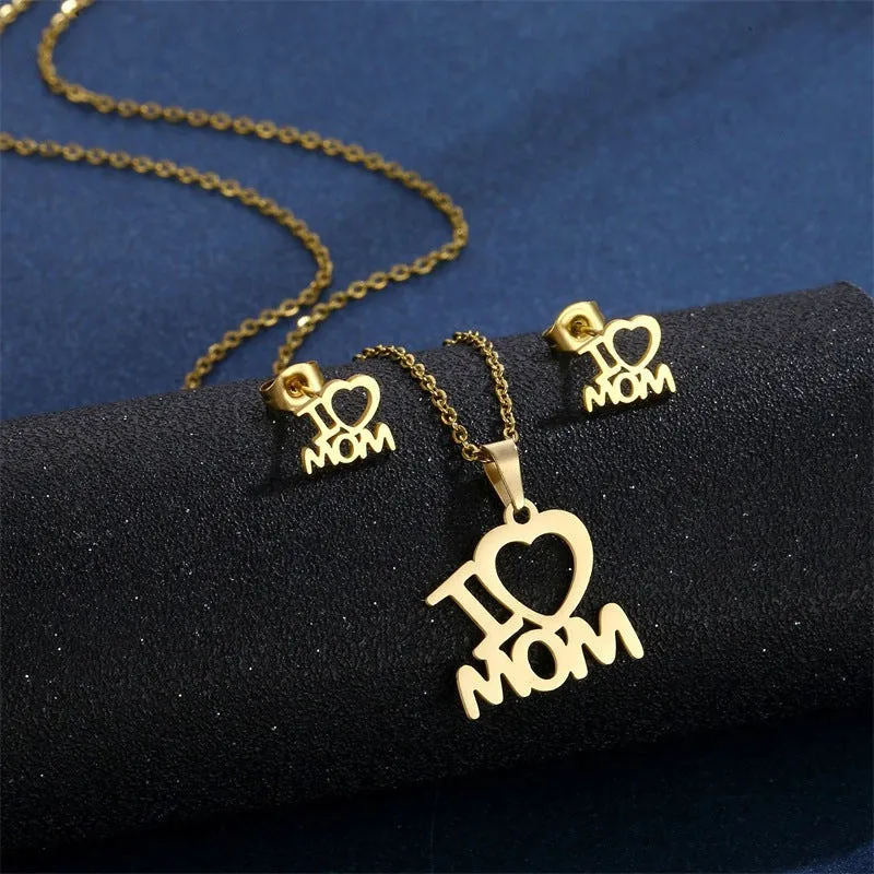 Stainless Steel Pendant Necklace Earrings Jewelry Set For Mothers Day Gift