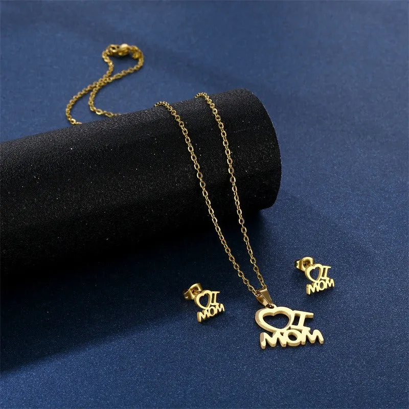 Stainless Steel Pendant Necklace Earrings Jewelry Set For Mothers Day Gift