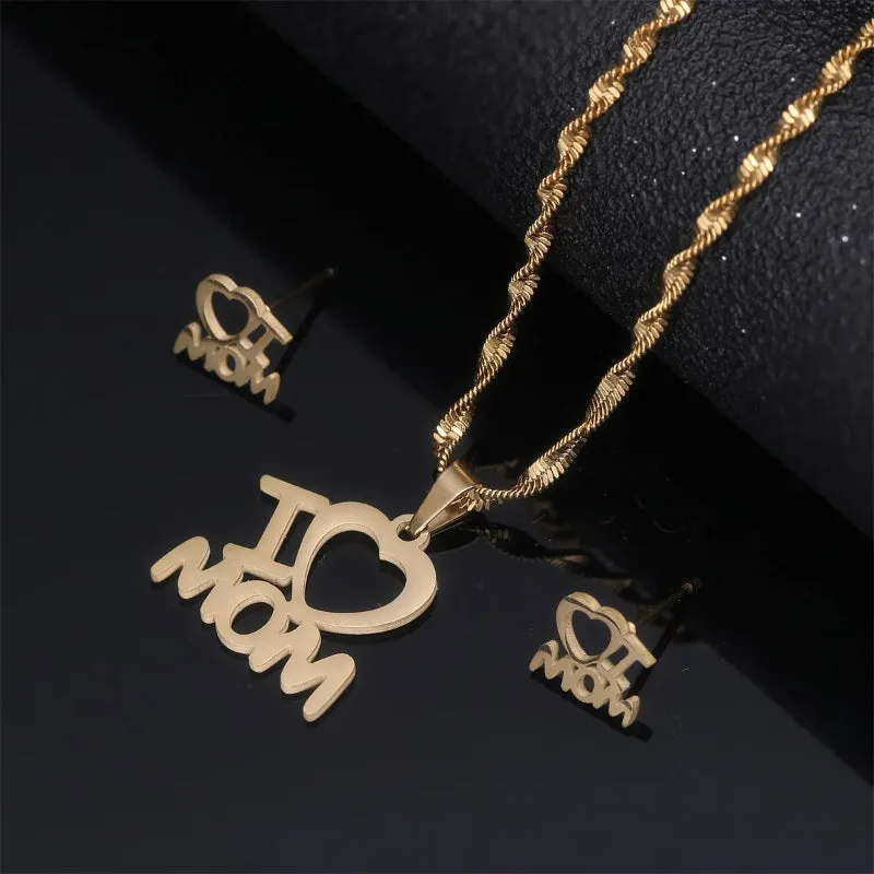 Stainless Steel Pendant Necklace Earrings Jewelry Set For Mothers Day Gift