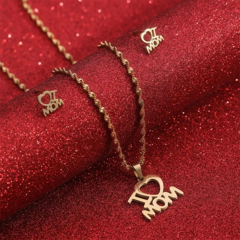 Stainless Steel Pendant Necklace Earrings Jewelry Set For Mothers Day Gift