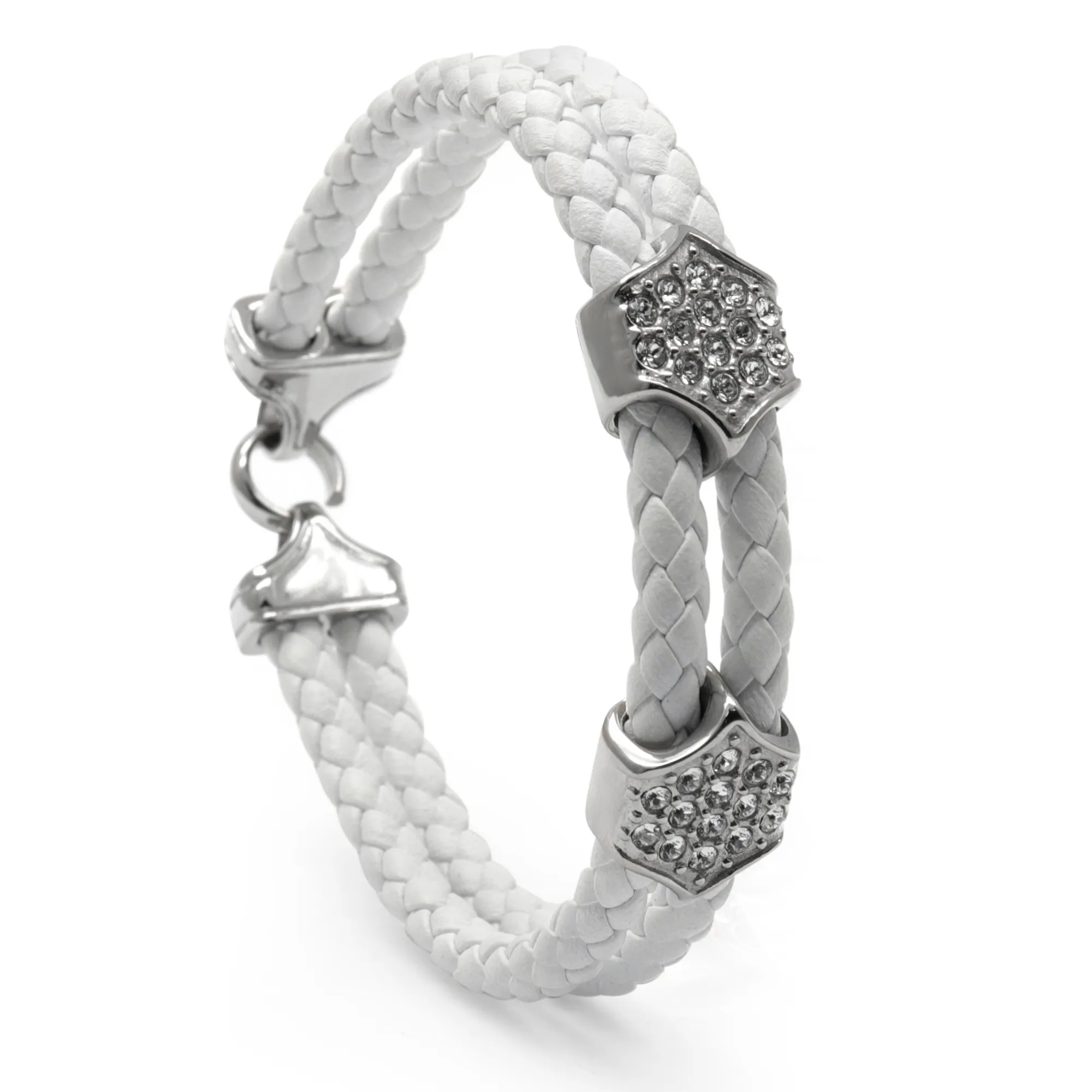 White Leather Bracelet with Zircon Diamond