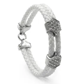White Leather Bracelet with Zircon Diamond