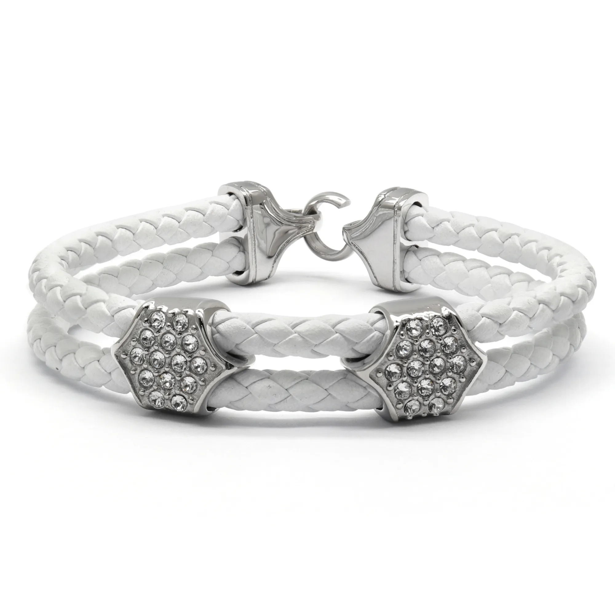 White Leather Bracelet with Zircon Diamond