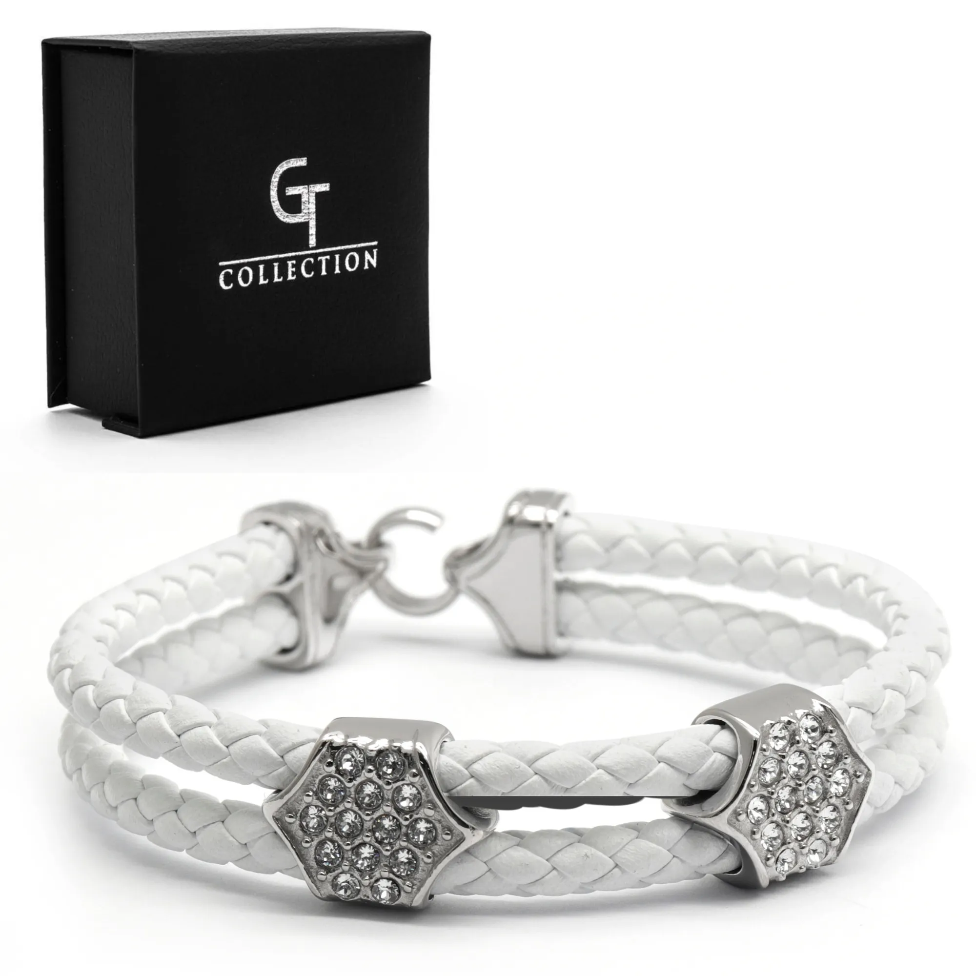 White Leather Bracelet with Zircon Diamond